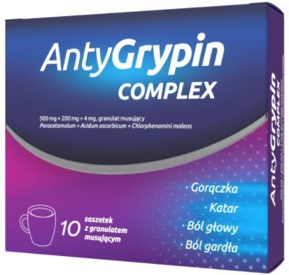 AntyGrypin Complex 500 mg + 200 mg + 4 mg, granulat musujący, 10 saszetek
