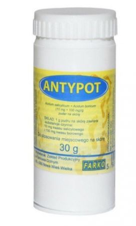 Antypot (10 mg + 100 mg)/ g, puder na skórę, na potliwość stóp, 30 g