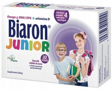 Biaron Junior, dla dzieci powyżej 4. roku życia, o smaku owocowej gumy balonowej, 30 kapsułek do żucia