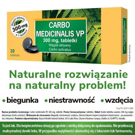 Carbo medicinalis VP 300 mg, węgiel leczniczy, 20 tabletek