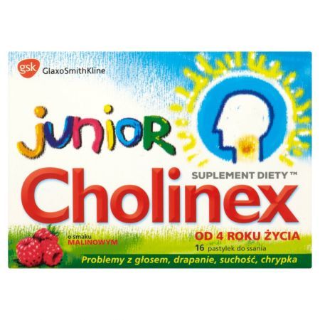 Cholinex Junior o smaku malinowym od 4 roku życia, 16 pastylek do ssania