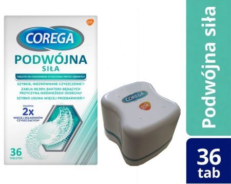 Corega Tabs Podwójna siła, tabletki do czyszczenia protez zębowych, 36 tabletek + GRATIS pojemnik na protezę