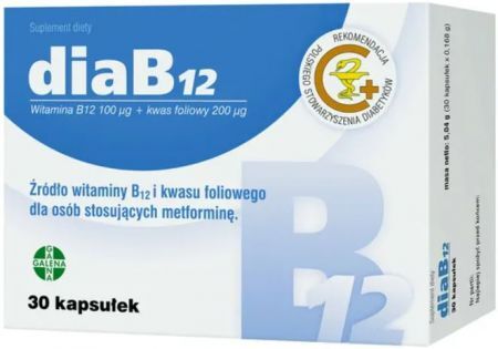 DiaB12, witamina B12 100 µg + kwas foliowy 200 µg, 30 kapsułek
