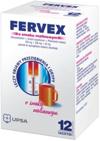 Fervex 500 mg + 200 mg + 25 mg, granulat do sporządzania roztworu doustnego, smak malinowy, 12 saszetek