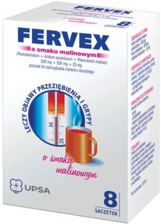 Fervex 500 mg + 200 mg + 25 mg, granulat do sporządzania roztworu doustnego, smak malinowy, 8 saszetek