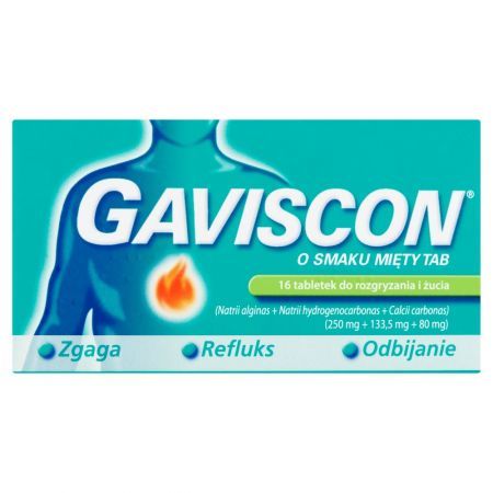 Gaviscon o smaku mięty TAB, 250 mg + 133,5 mg + 80 mg, 16 tabletek do rozgryzania i żucia