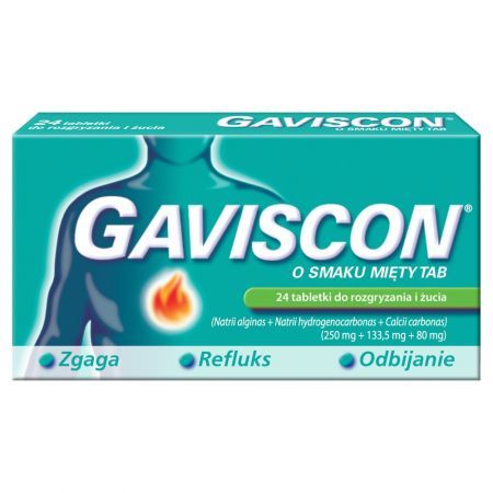 Gaviscon o smaku mięty TAB, 250 mg + 133,5 mg + 80 mg, 24 tabletki do rozgryzania i żucia
