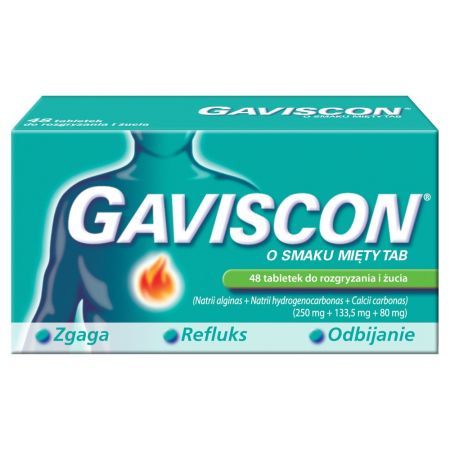 Gaviscon o smaku mięty TAB, 250 mg + 133,5 mg + 80 mg, 48 tabletek do rozgryzania i żucia