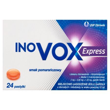 Inovox Express 2 mg + 0,6 mg + 1,2 mg, smak pomarańczowy, 24 pastylki