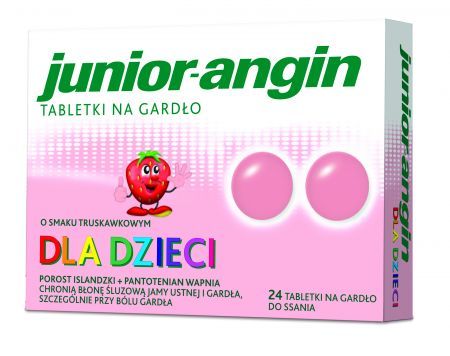 Junior-angin, dla dzieci od 4 lat, smak truskawkowy, 24 tabletki do ssania