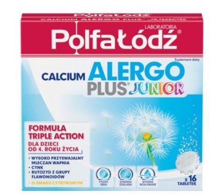 Laboratoria PolfaŁódź Calcium Alergo Plus Junior dla dzieci od 4 roku, smak cytrynowy, 16 tabletek musujących